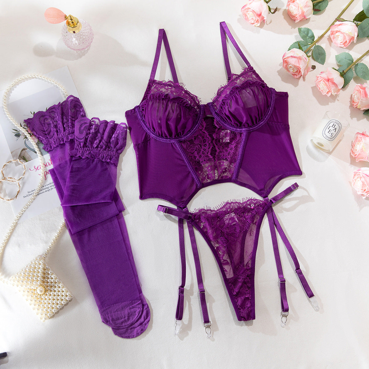 Purple lingerie set with sheer mesh design