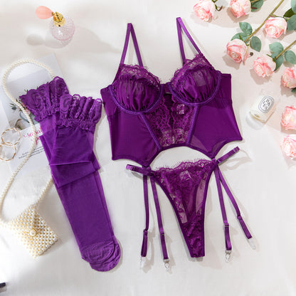 Purple lingerie set with sheer mesh design