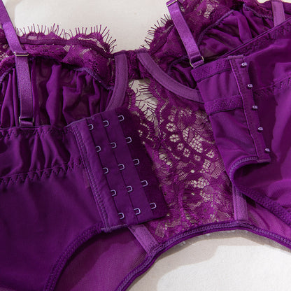 Purple fishnet detailed lingerie set