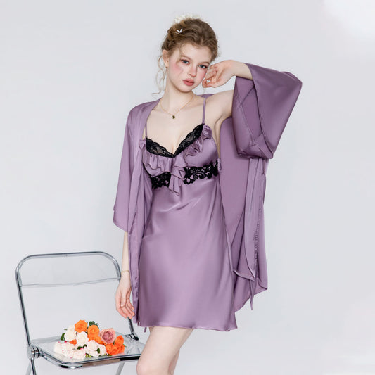 Purple Satin Nightgown Set with Lace Chemise, Robe & Belt