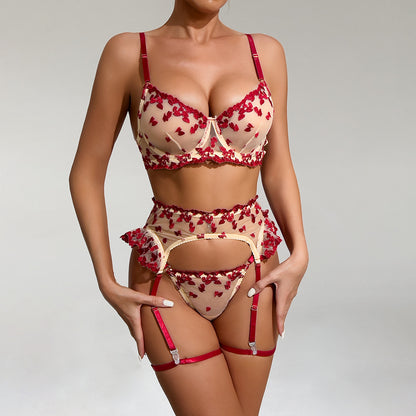 Three-piece lingerie set with sheer mesh details