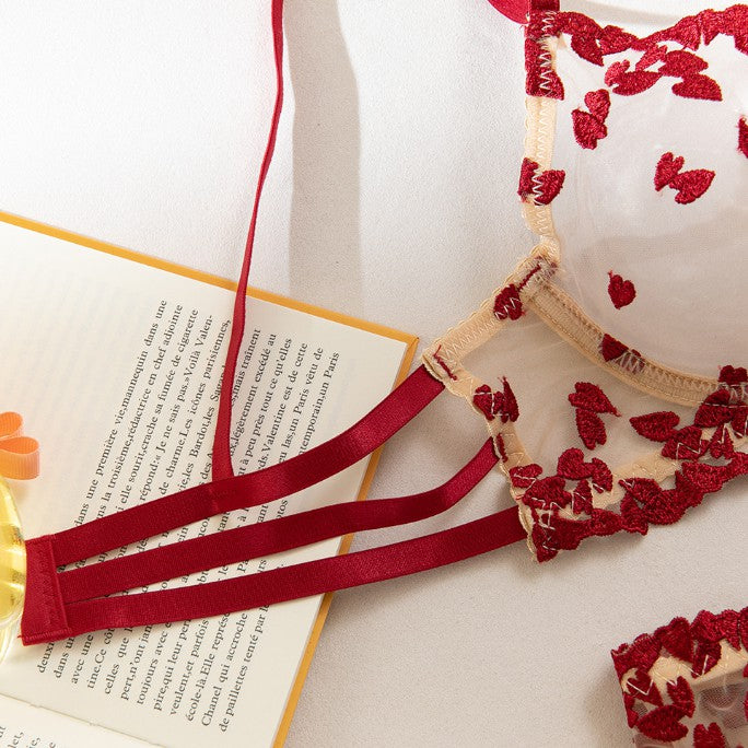 Embroidered design on three-piece lingerie set