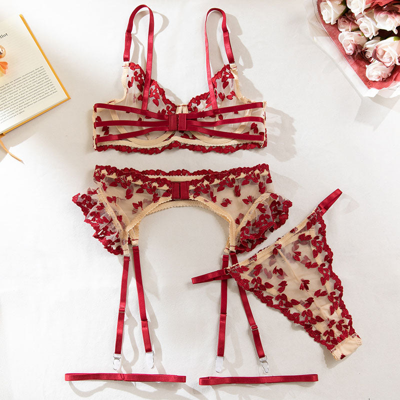 Three-piece lingerie set with embroidered design