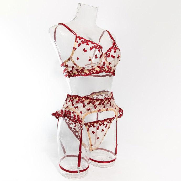 Three-piece lingerie set with sheer mesh details