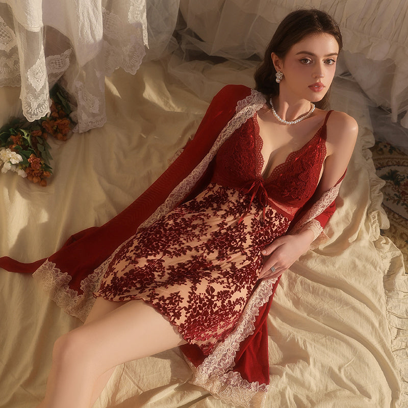 Lace Nightgown Set with Camisole Dress & Robe - Removable Pads, 3 Colors Available