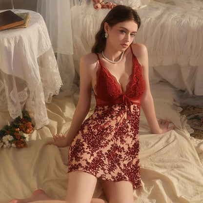Lace Nightgown Set with Camisole Dress & Robe - Removable Pads, 3 Colors Available