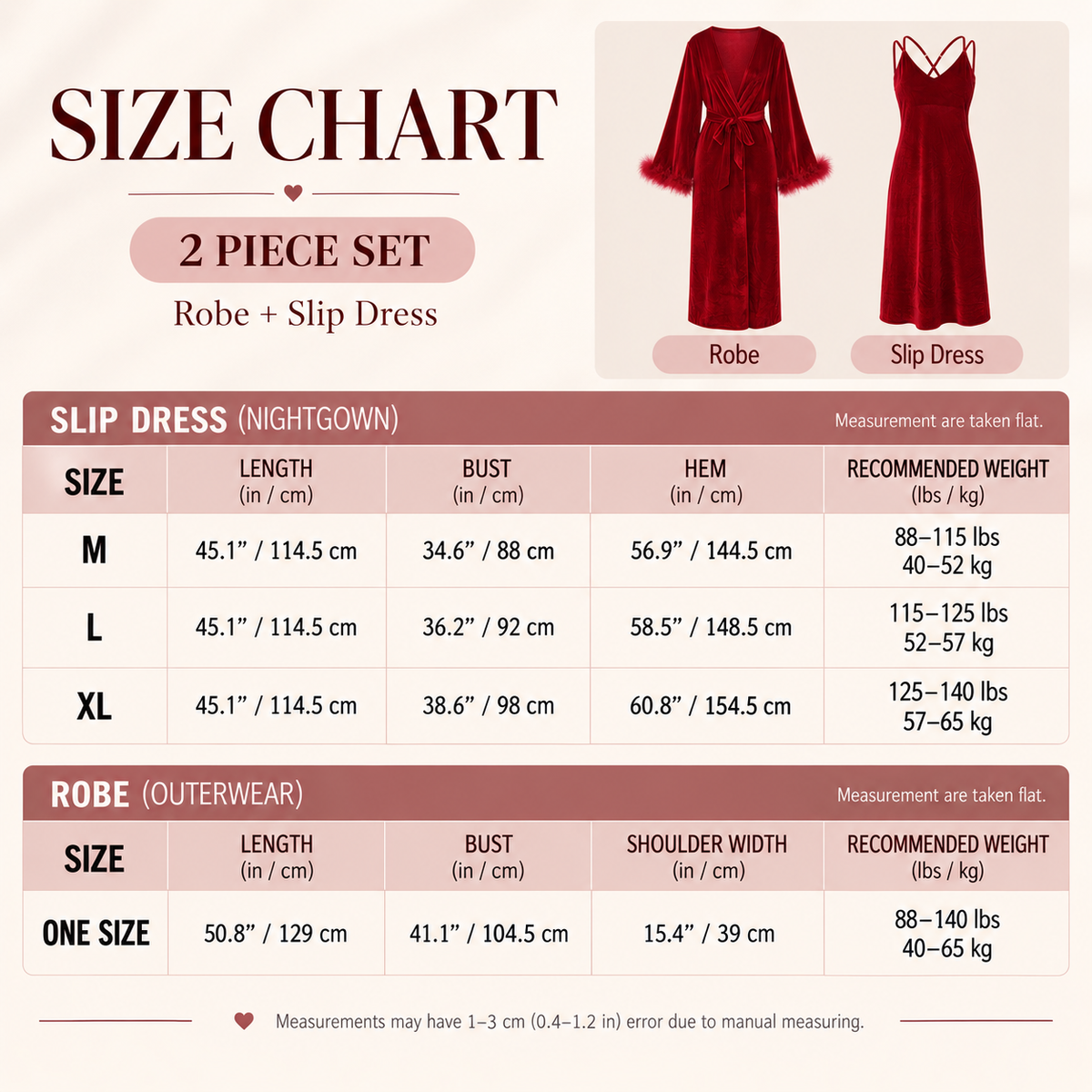 Size guide for Red Long Velvet Nightgown and Robe Set with Padded Cups