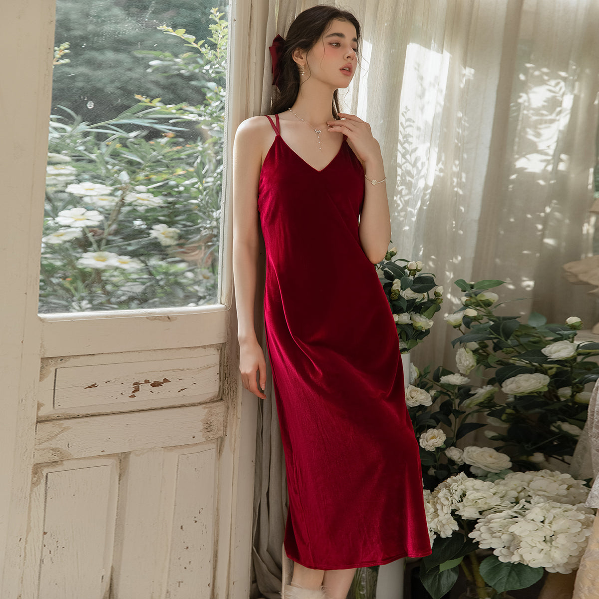 Red long velvet nightgown front view