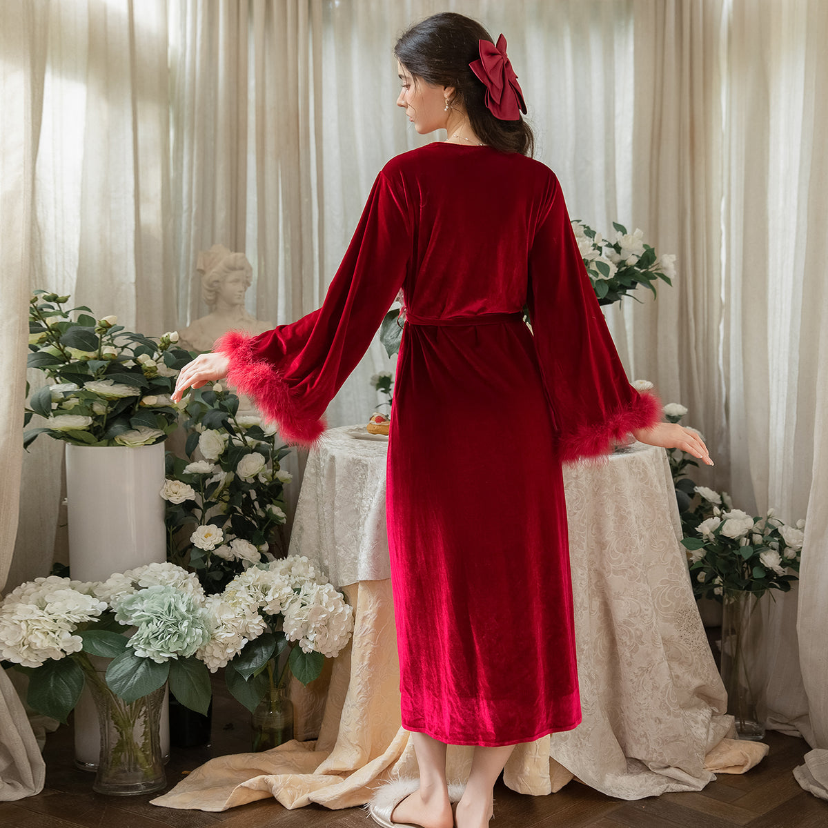 Red long velvet robe back view