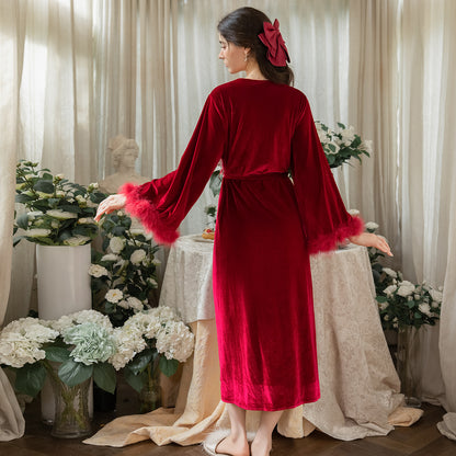 Red long velvet robe back view
