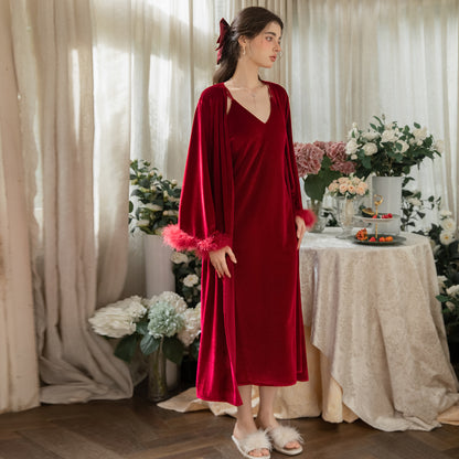 Red long velvet robe with fluffy cuffs
