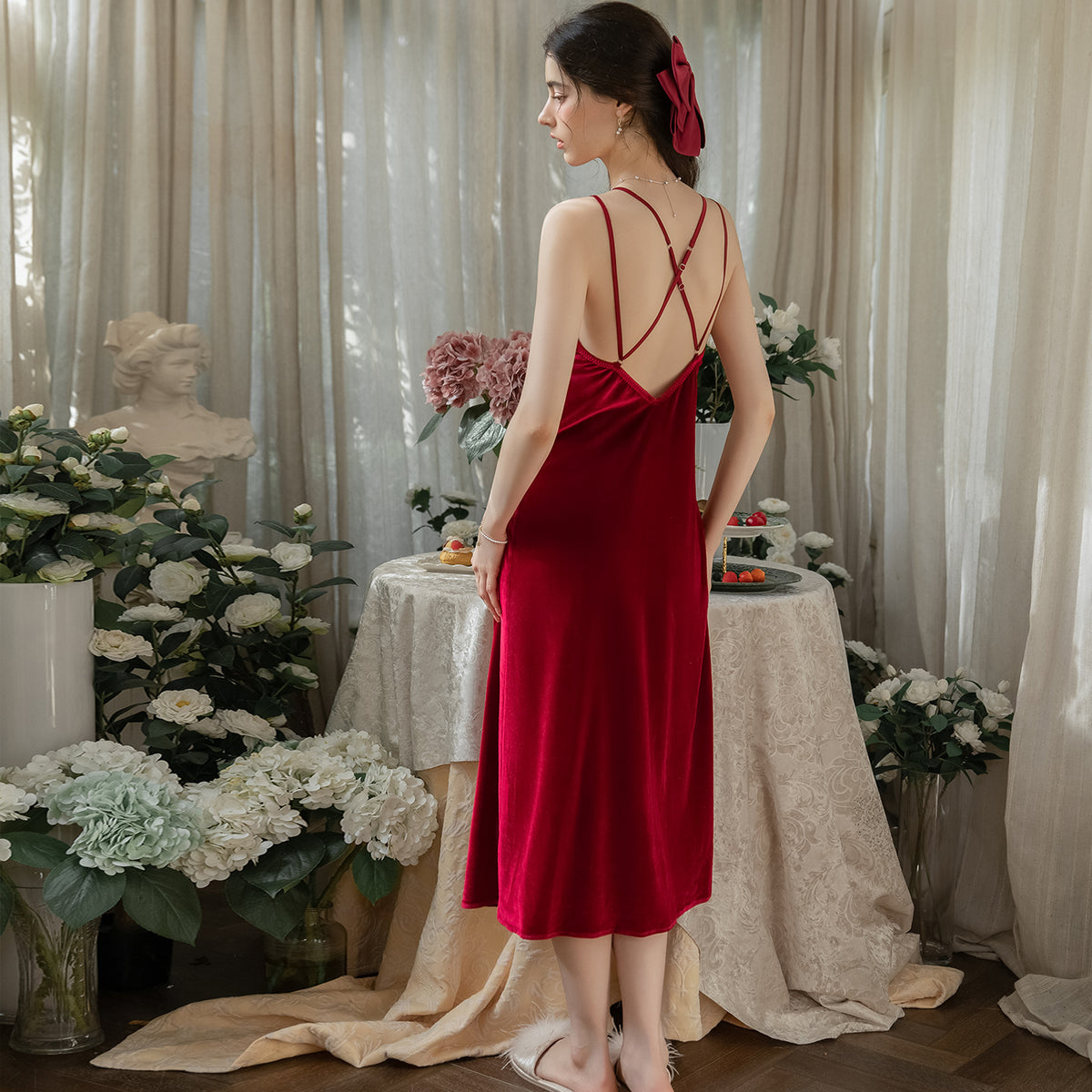 Red velvet nightgown with cross back straps