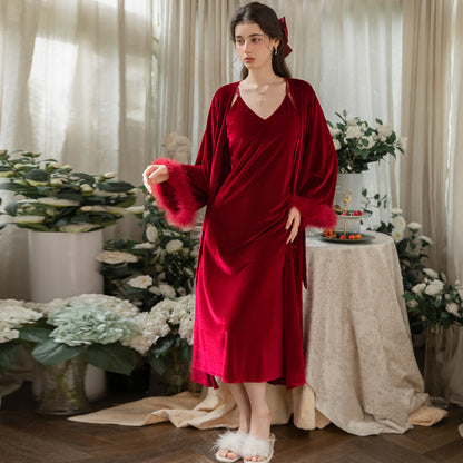 Red velvet nightgown and robe set front view