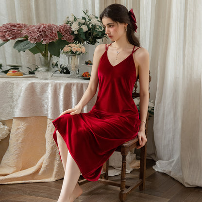 Red long velvet nightgown seated view