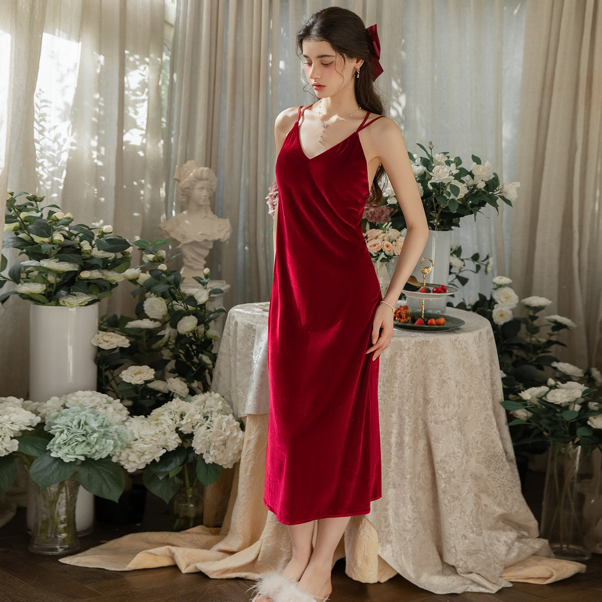 Red long velvet nightgown side view