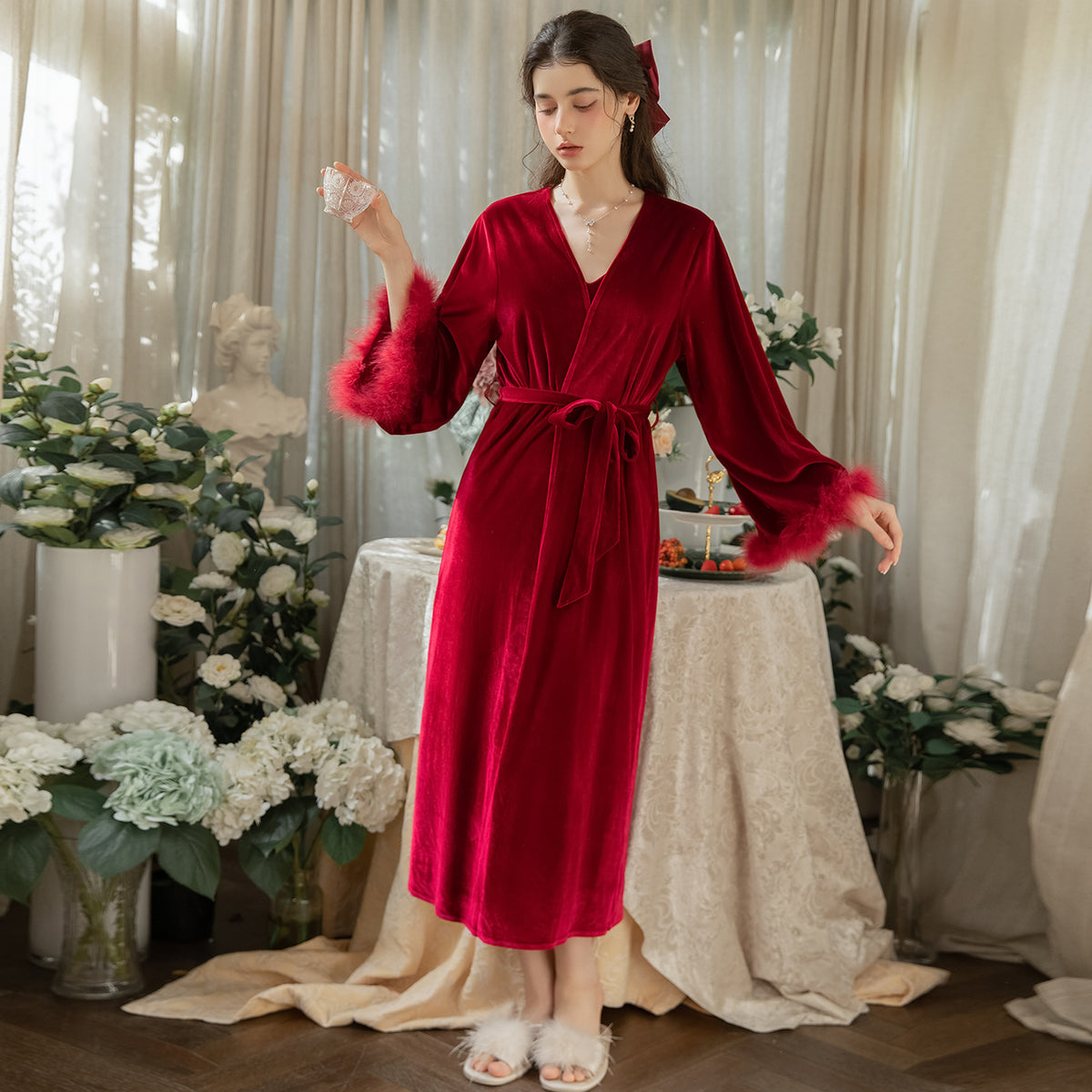 Red velvet robe with fluffy cuffs full look