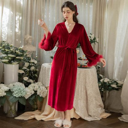 Red velvet robe with fluffy cuffs full look
