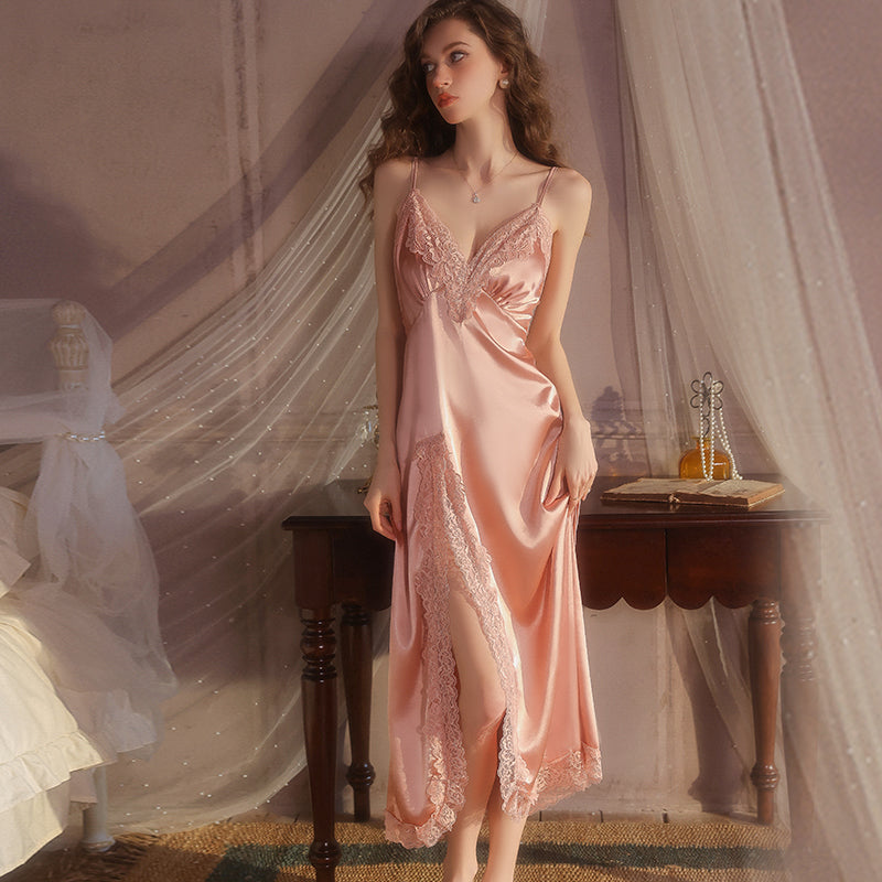 Satin Rose Lace Long Slip Dress Rose Gold Satin Nightdress Long Lace Slip Lingerie with Deep V, Side Slit & Open Back Satin Rose Lace Long Slip Dress Rose Gold Satin Nightdress Long Lace Slip Lingerie with Deep V, Side Slit & Open Back