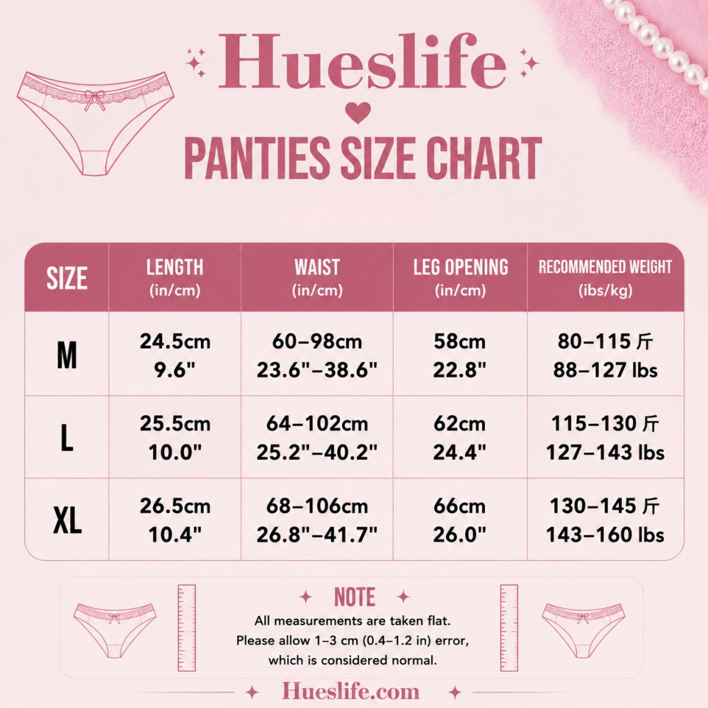 Size guide for Ruffle Trim Mesh Panties with Bow Detail