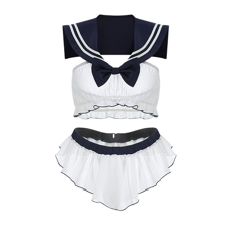 Blue roleplay lingerie set featuring ruffle