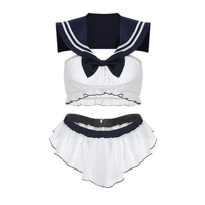 Blue roleplay lingerie set featuring ruffle