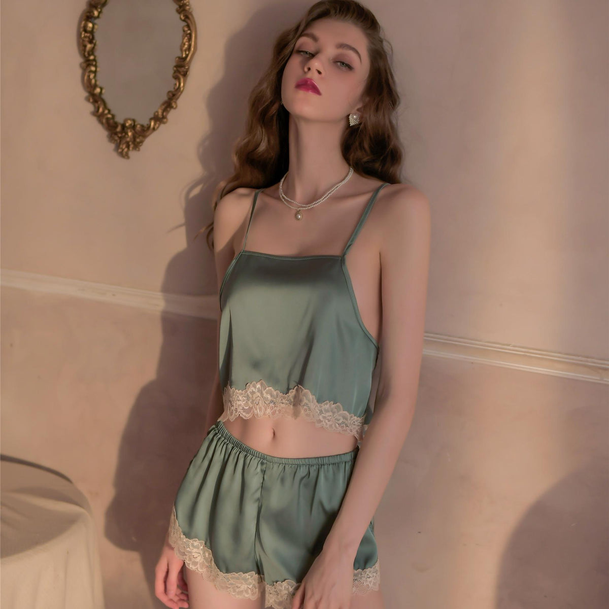 Satin Lace Pajama Set with Crisscross Back & Cami Top – Sexy Sleepwear - alternate view 9