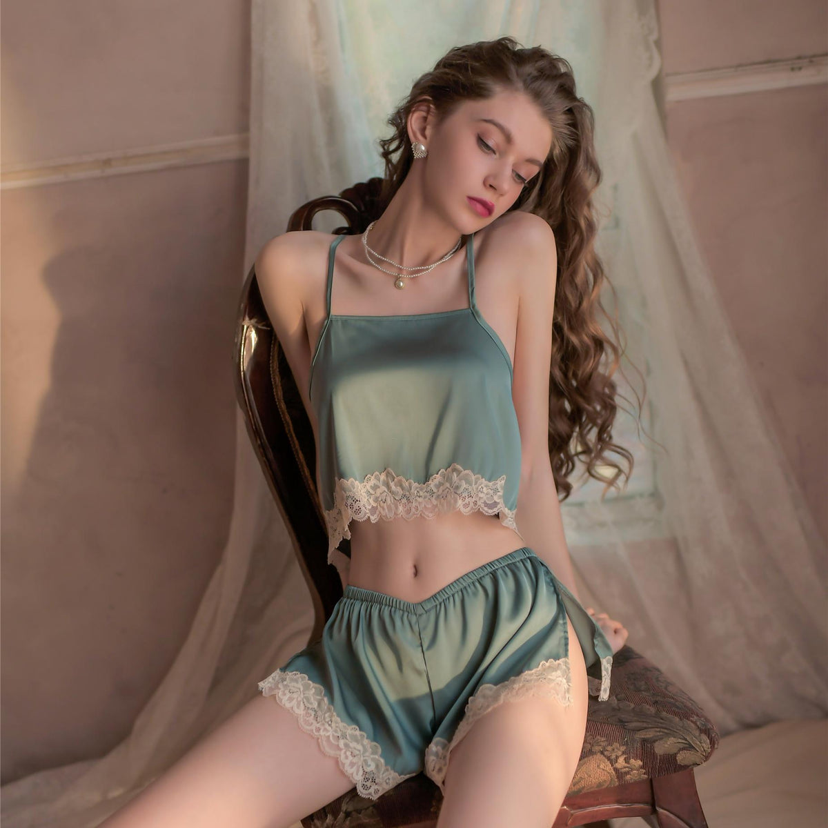 Satin Lace Pajama Set with Crisscross Back & Cami Top – Sexy Sleepwear - alternate view 11