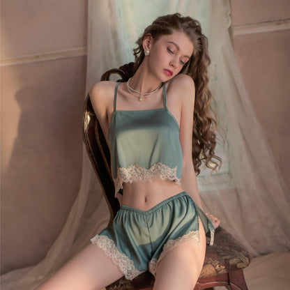 Satin Lace Pajama Set with Crisscross Back & Cami Top – Sexy Sleepwear - alternate view 11