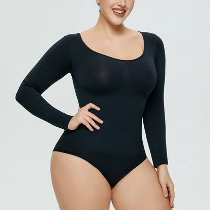 Seamless Long-Sleeve Shaping Bodysuit – Smooth Curve One-Piece (Black / Nude / White)