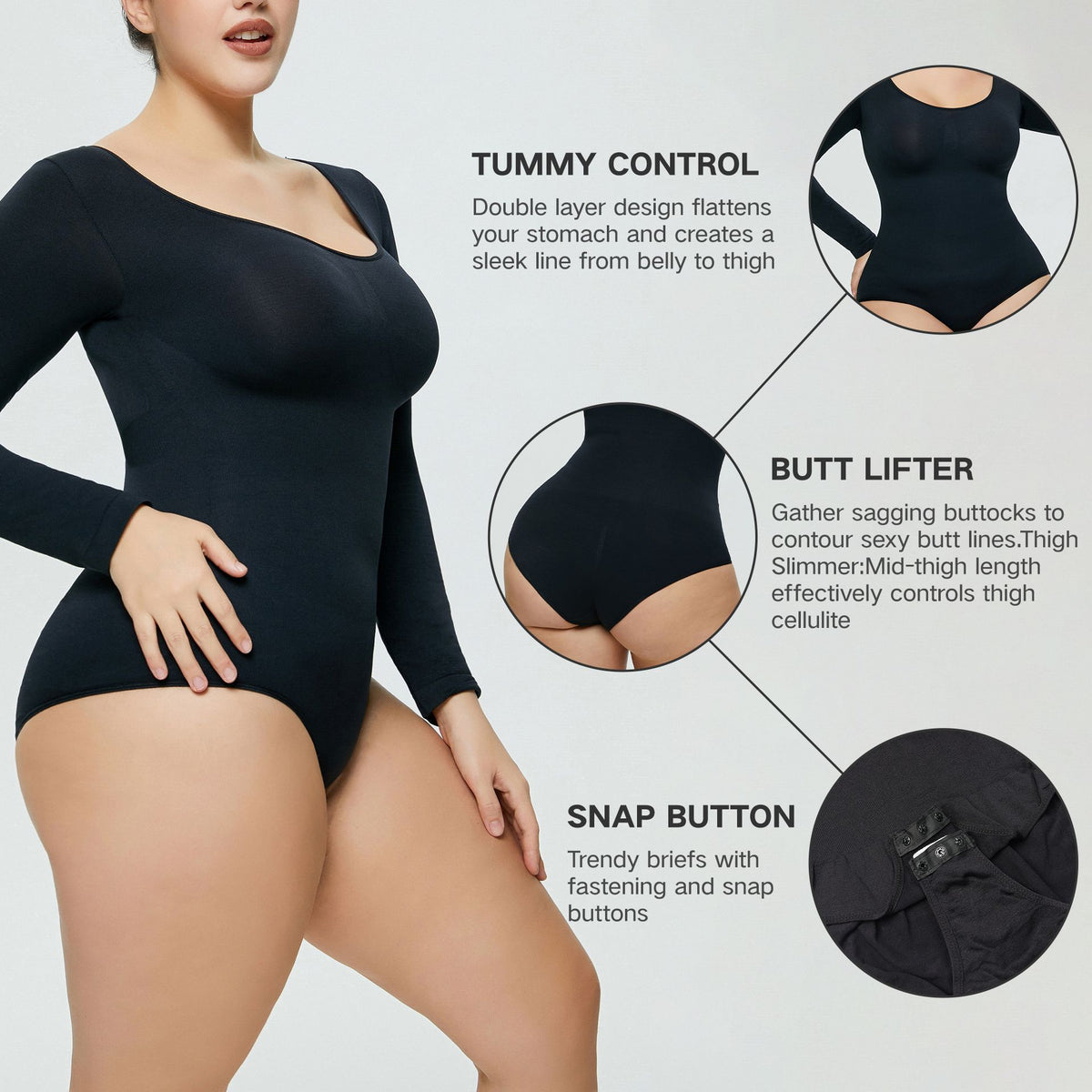 Seamless Long-Sleeve Shaping Bodysuit – Smooth Curve One-Piece (Black / Nude / White)