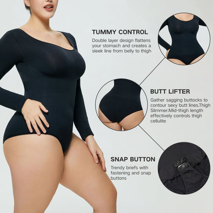 Seamless Long-Sleeve Shaping Bodysuit – Smooth Curve One-Piece (Black / Nude / White)