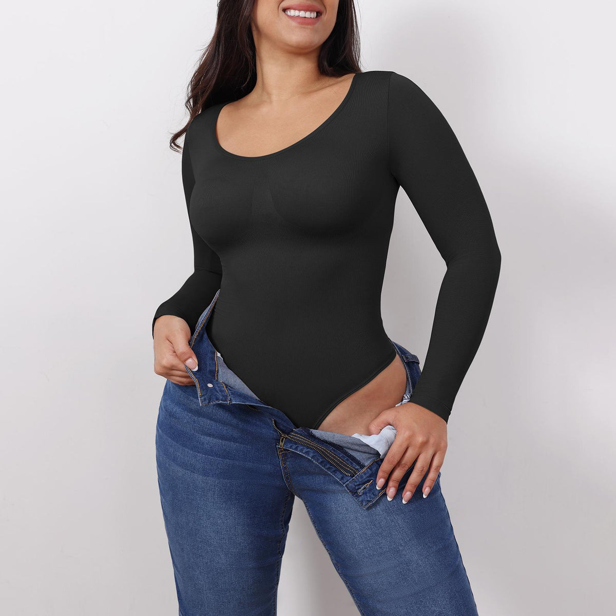 Seamless Long-Sleeve Shaping Bodysuit – Smooth Curve One-Piece (Black / Nude / White)