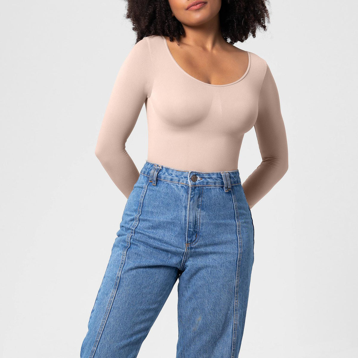 Seamless Long-Sleeve Shaping Bodysuit – Smooth Curve One-Piece (Black / Nude / White)