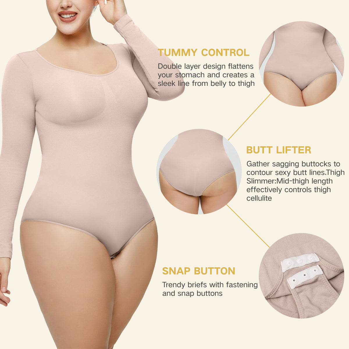 Seamless Long-Sleeve Shaping Bodysuit – Smooth Curve One-Piece (Black / Nude / White)