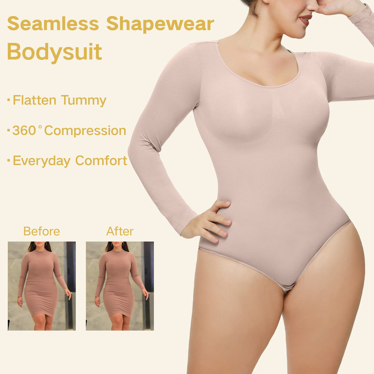 Seamless Long-Sleeve Shaping Bodysuit – Smooth Curve One-Piece (Black / Nude / White)