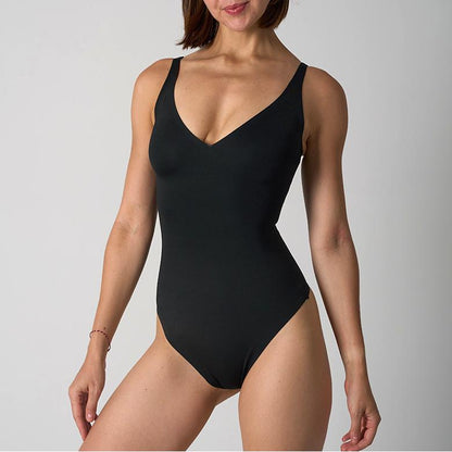 Seamless V-Neck Shaping Bodysuit – High-Back Support (Black / White / Nude)