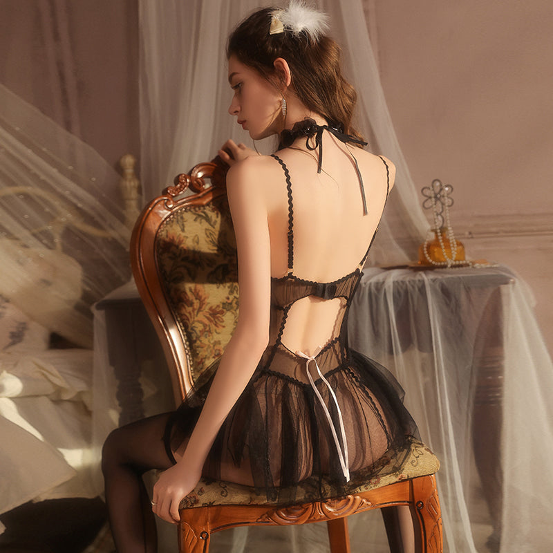 Black babydoll lingerie dress featuring lace