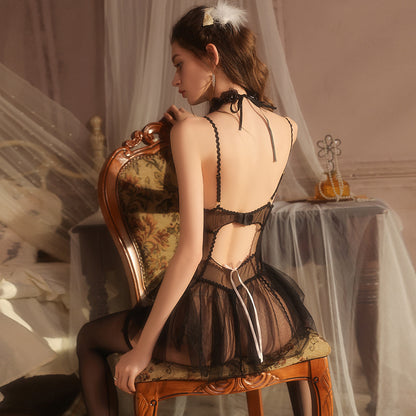 Black babydoll lingerie dress featuring lace