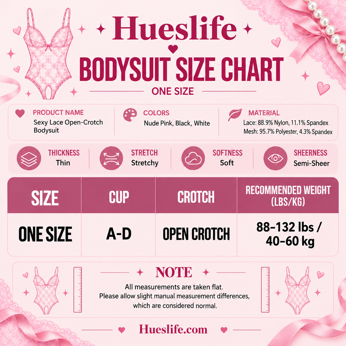One-size guide for the sheer floral lace open-crotch bodysuit in pink, black and white