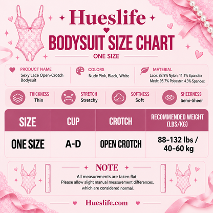 One-size guide for the sheer floral lace open-crotch bodysuit in pink, black and white