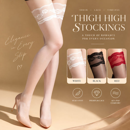 Sheer lace top thigh high stockings in white black and red
