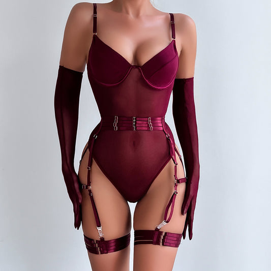 Sheer Mesh Bodysuit Lingerie Set with Garter Straps & Gloves – Sexy See-Through Bodysuit (Black / Burgundy)