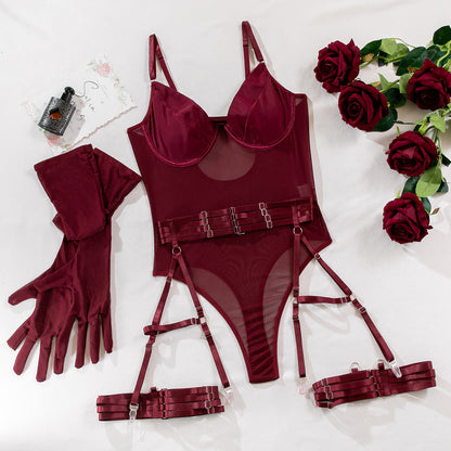 Sheer Mesh Bodysuit Lingerie Set with Garter Straps & Gloves – Sexy See-Through Bodysuit (Black / Burgundy)