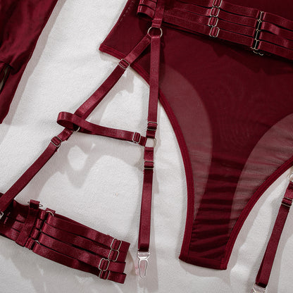 Sheer Mesh Bodysuit Lingerie Set with Garter Straps & Gloves – Sexy See-Through Bodysuit (Black / Burgundy)