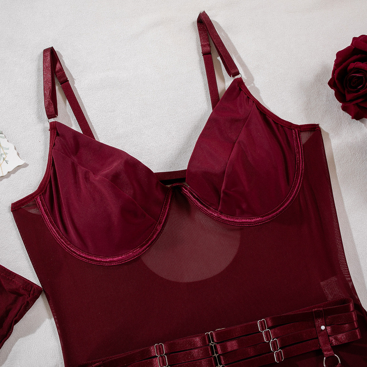 Sheer Mesh Bodysuit Lingerie Set with Garter Straps & Gloves – Sexy See-Through Bodysuit (Black / Burgundy)