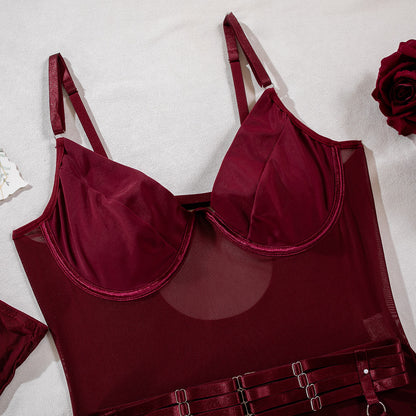 Sheer Mesh Bodysuit Lingerie Set with Garter Straps & Gloves – Sexy See-Through Bodysuit (Black / Burgundy)