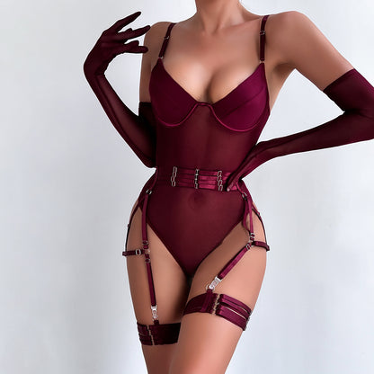 Sheer Mesh Bodysuit Lingerie Set with Garter Straps & Gloves – Sexy See-Through Bodysuit (Black / Burgundy)