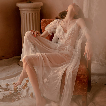 Sheer Mesh Nightdress Casual Comfortable Deep V Robe - alternate view 4
