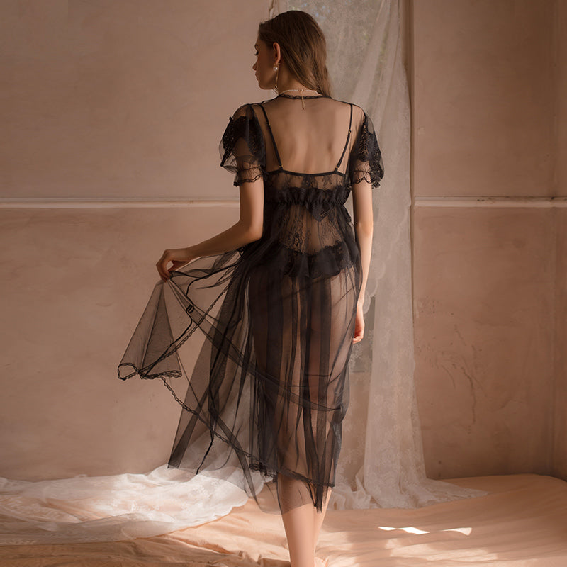 Sheer Mesh Nightdress Casual Comfortable Deep V Robe - alternate view 7
