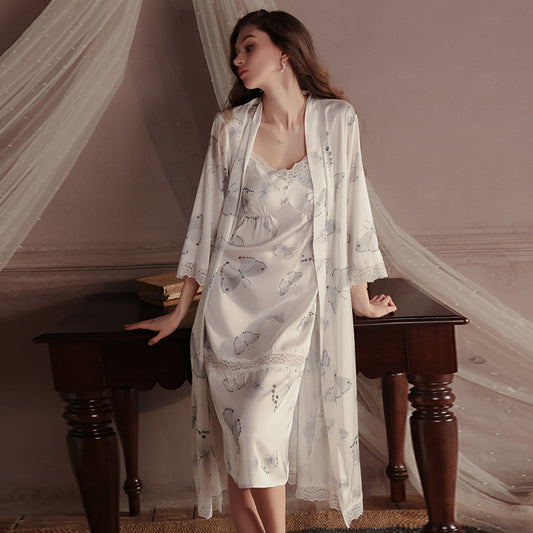 Silk Satin Pajama Set 2 - Piece | Butterfly Print Nightdress with Robe